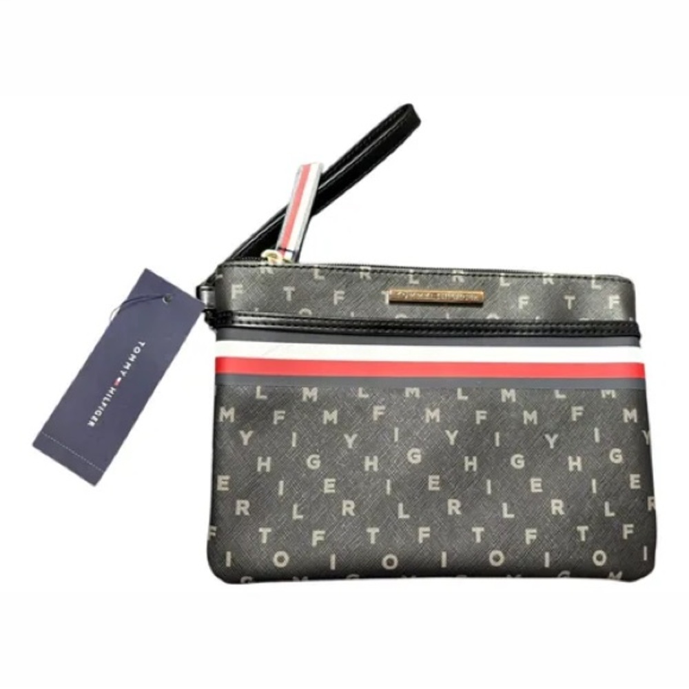 Tommy Hilfiger Women’s Black and Red Monogram Coated Canvas Clutch Wristlet Bag